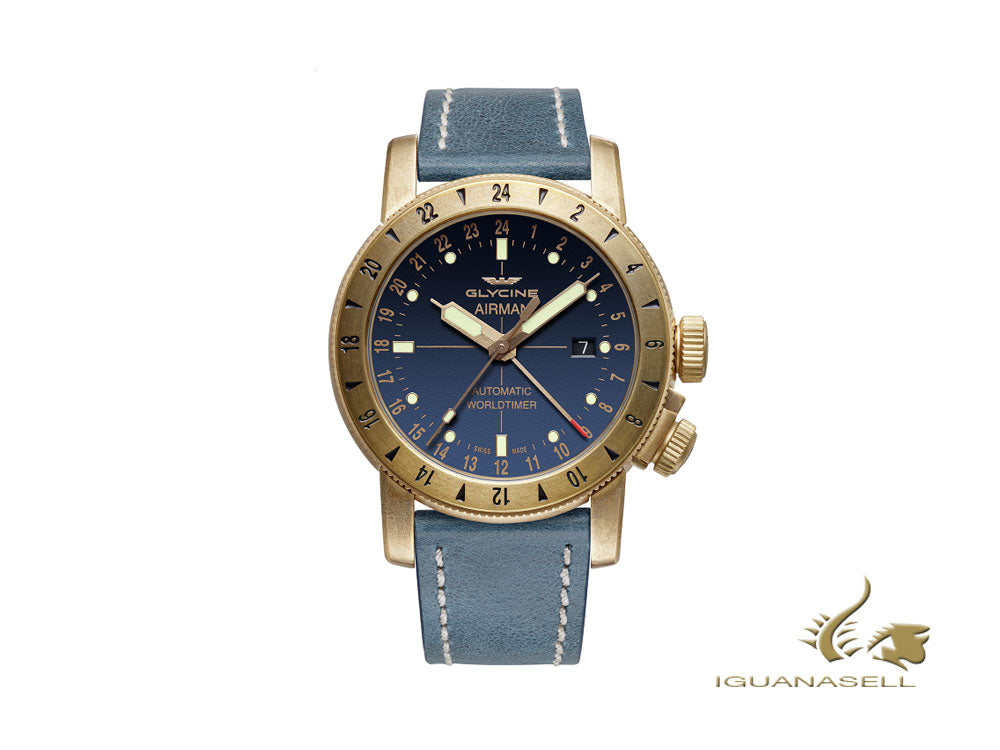 Montre automatique Glycine Airman 44 Bronze, bleu, GL293, 44 mm, GMT, GL0167