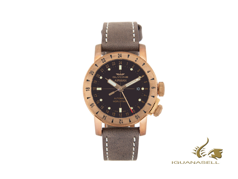 Montre automatique Glycine Airman 44 Bronze, marron, GL293, 44 mm, GMT, GL0166