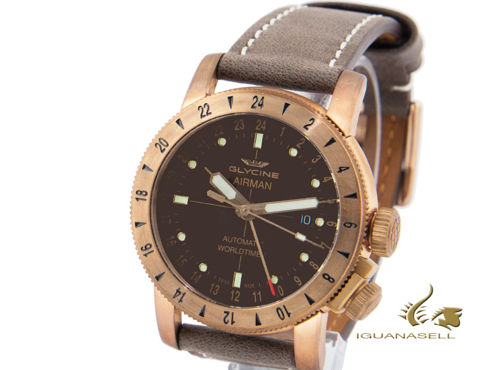 Glycine Airman 44 Bronze Automatic Watch, Brown, GL293, 44mm, GMT, GL0166