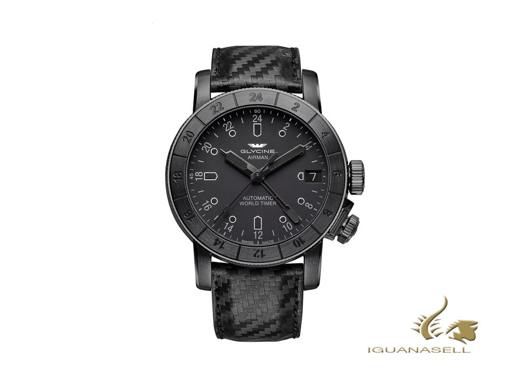 Montre automatique Glycine Airman 46, noire, GL 293, 46 mm, carbone, GL0170