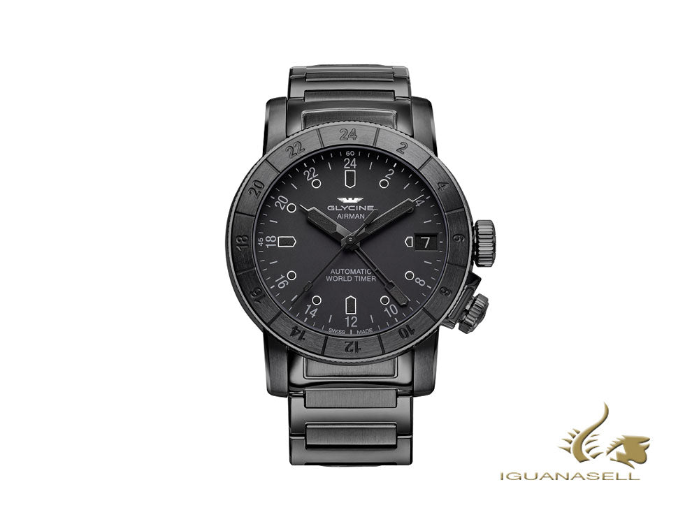 Montre automatique Glycine Airman 46, noire, GL 293, 46 mm, GMT, PVD, GL0169