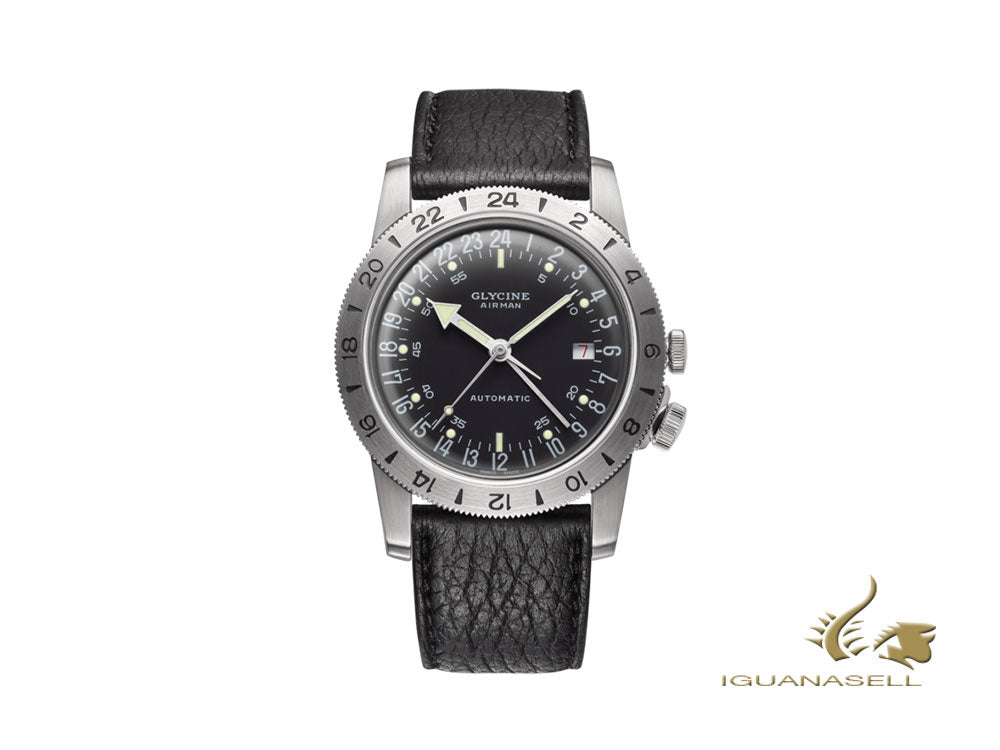 Montre automatique Glycine Airman Nº1, GL 293, GMT, noire, 40 mm, GL0162-LBD9