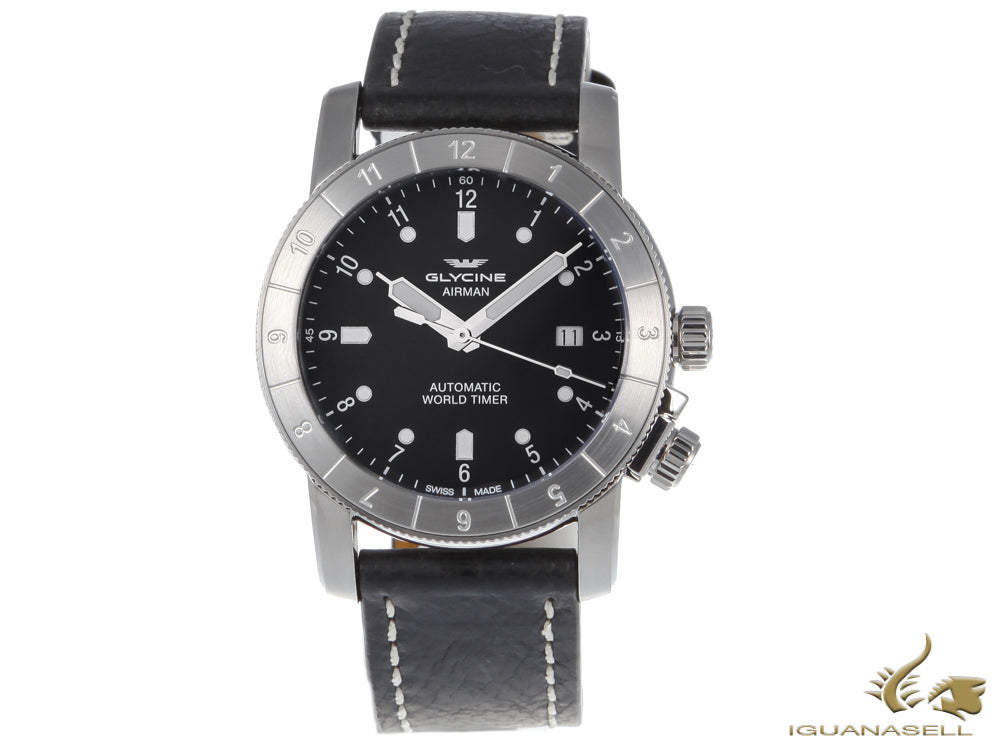 Montre automatique Glycine Airman « Double Twelve », GL 224, GMT, noire, 42 mm, GL0063