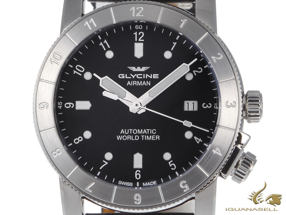 Montre automatique Glycine Airman « Double Twelve », GL 224, GMT, noire, 42 mm, GL0063