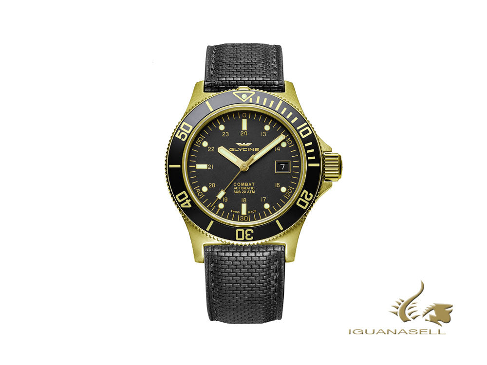 Glycine Combat Sub Automatic Watch, Black, Gold PVD, GL 224, 42mm, GL0186