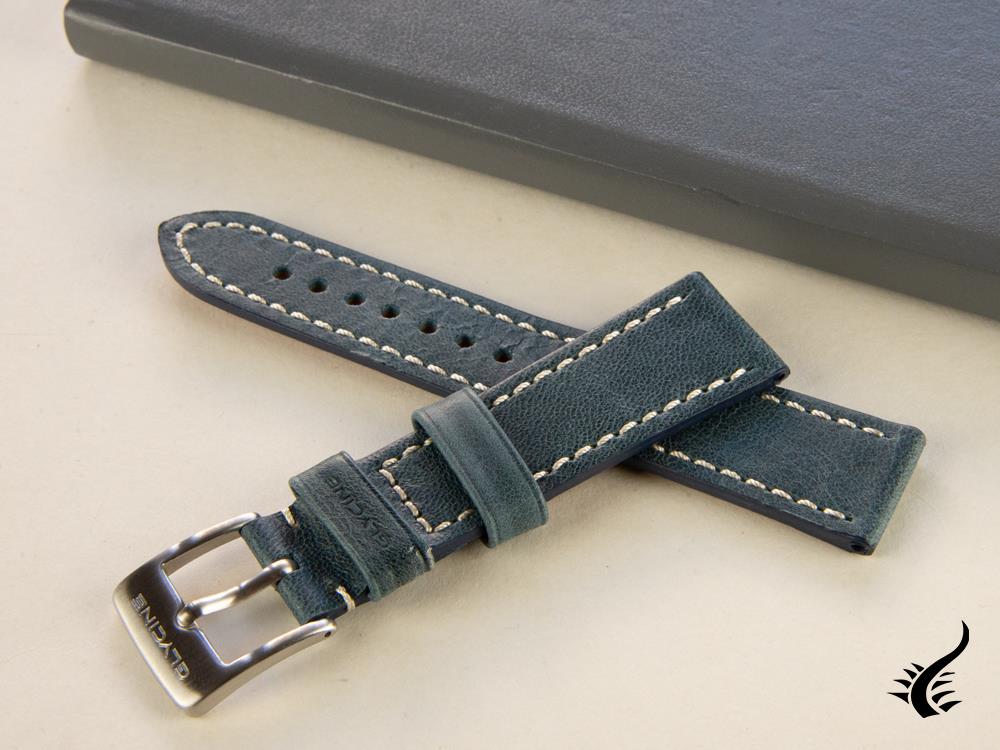 Glycine, Leather Strap, 22mm, Blue, Buckle