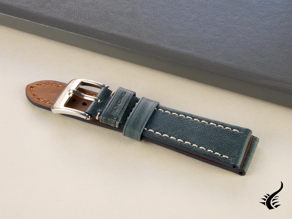 Glycine, Leather Strap, 22mm, Blue, Buckle