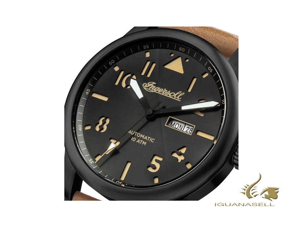 Montre automatique Ingersoll Hatton, PVD, 47 mm, noire, jour et date, I01302