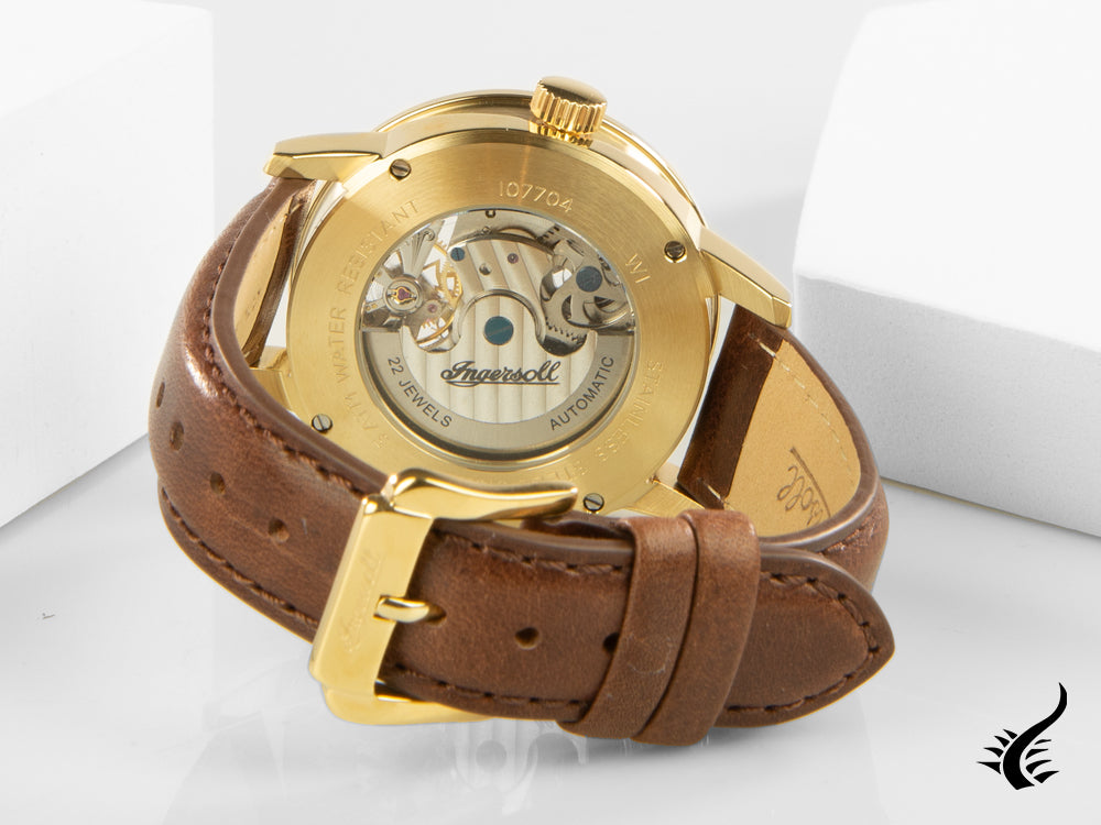 Montre automatique Ingersoll Jazz, 44 mm, or, 5 atm, bracelet en cuir, I07704