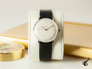 Montre Junghans Max Bill Handaufzug, 34 mm, blanc, bracelet en cuir, 027/3700.02