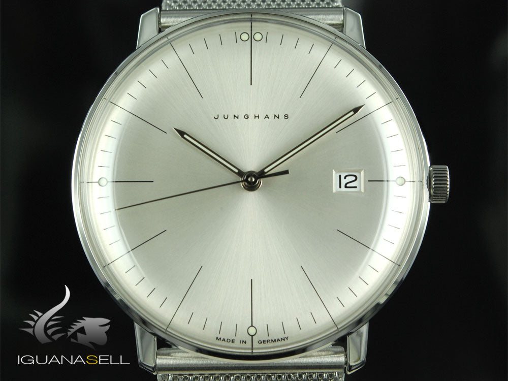 Montre à quartz Junghans Max Bill, J645.33, 38 mm, blanc, bracelet en maille, 041/4463.44