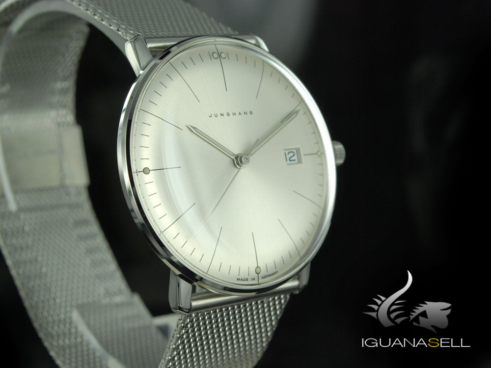 Montre à quartz Junghans Max Bill, J645.33, 38 mm, blanc, bracelet en maille, 041/4463.44