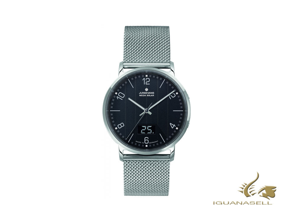 Montre Junghans Performance Milano Mega Solar, noire, 39,2 mm, jour, bracelet en maille