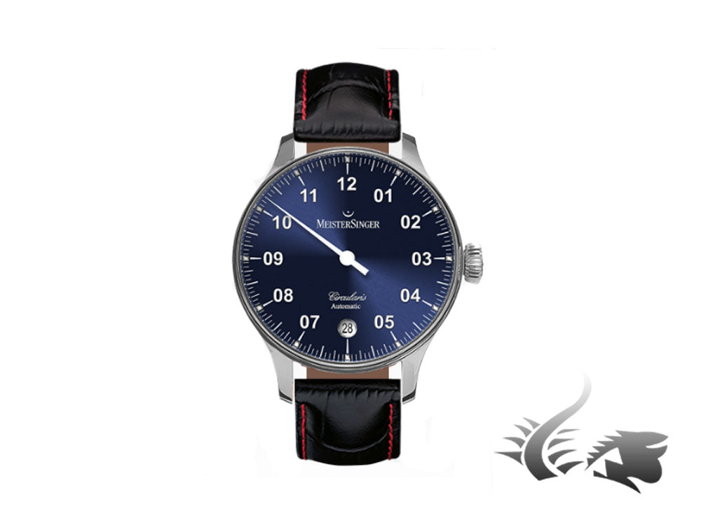 Montre automatique Meistersinger Circularis, bleu sunburst, bracelet en cuir noir