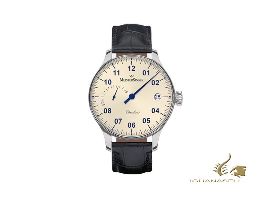 Montre Meistersinger Circularis Power Reserve manuelle, ivoire, bracelet en alligator noir