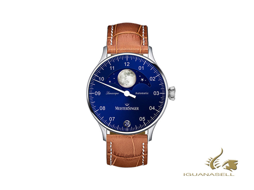 Meistersinger Lunascope Automatic Watch, Blue, 40 mm, Cognac, Day, LS908-SG03W