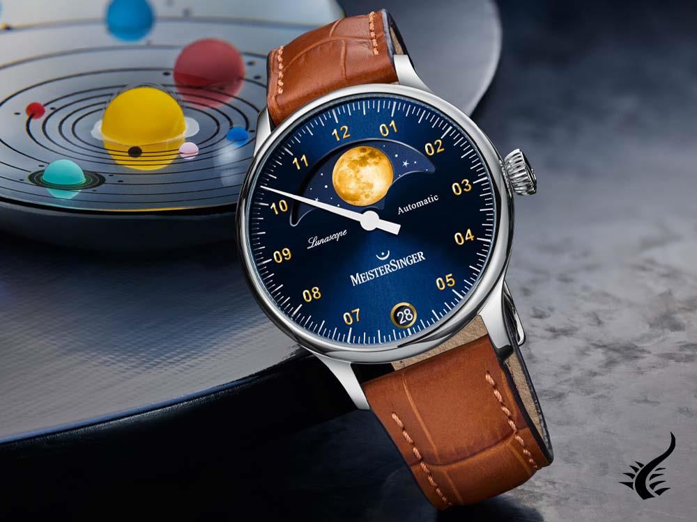 Meistersinger Lunascope Automatic Watch, Blue, ETA 2836-2, 40mm, Leather, LS908G