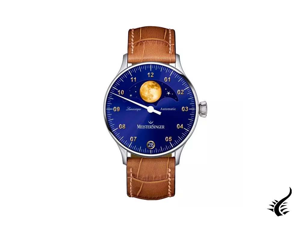 Meistersinger Lunascope Automatic Watch, Blue, ETA 2836-2, 40mm, Leather, LS908G