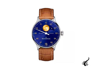 Montre automatique Meistersinger Lunascope, bleu, ETA 2836-2, 40 mm, cuir, LS908G