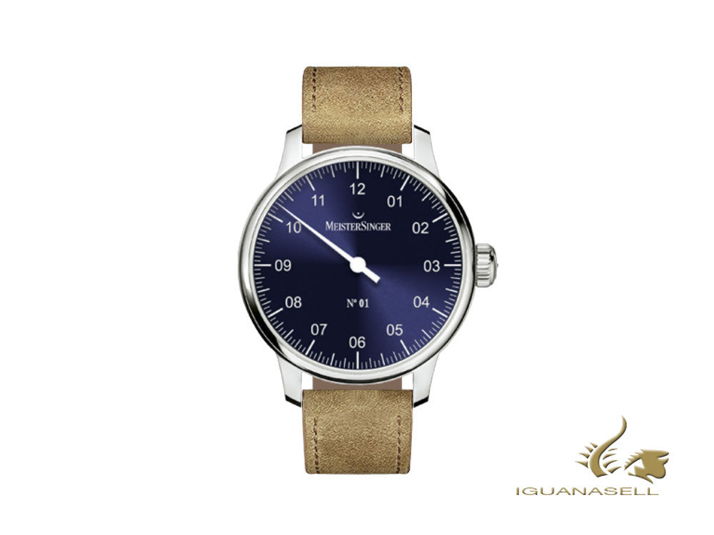 Montre Meistersinger N1, remontage manuel, bleu sunburst, cuir, AM3308-SV03