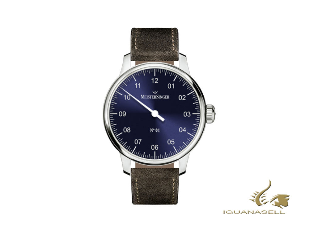 Montre Meistersinger N1, remontage manuel, ETA 2801-2, 43 mm, cuir, AM3308-SV02