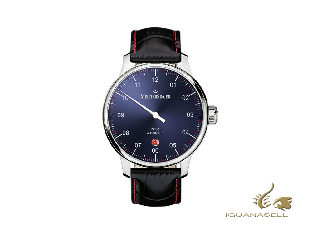 Montre automatique Meistersinger N3 - 40 mm, bleu, 40 mm, noir/rouge, DM908-SG01R