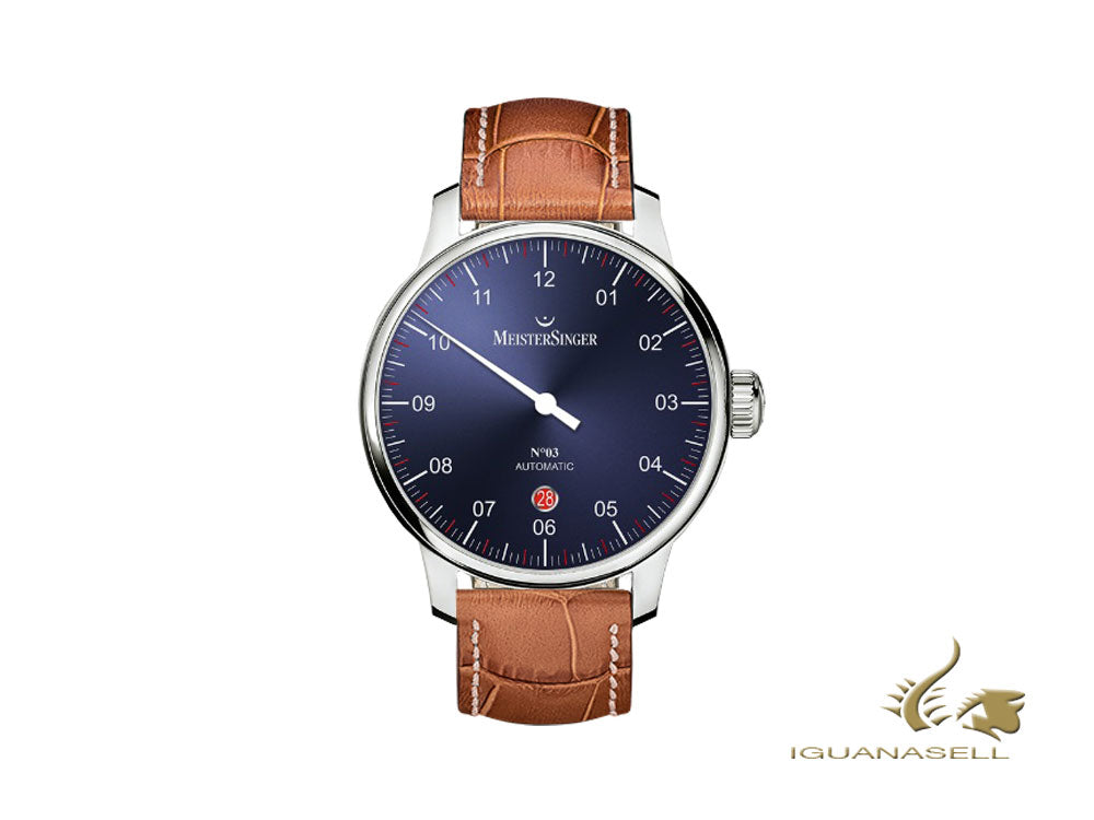 Montre automatique Meistersinger N3 - 40 mm, bleu, 40 mm, cognac, jour, DM908-SG03