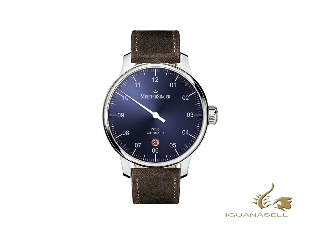 Montre automatique Meistersinger N3 - 40 mm, bleu, 40 mm, cognac, jour, DM908-SV02