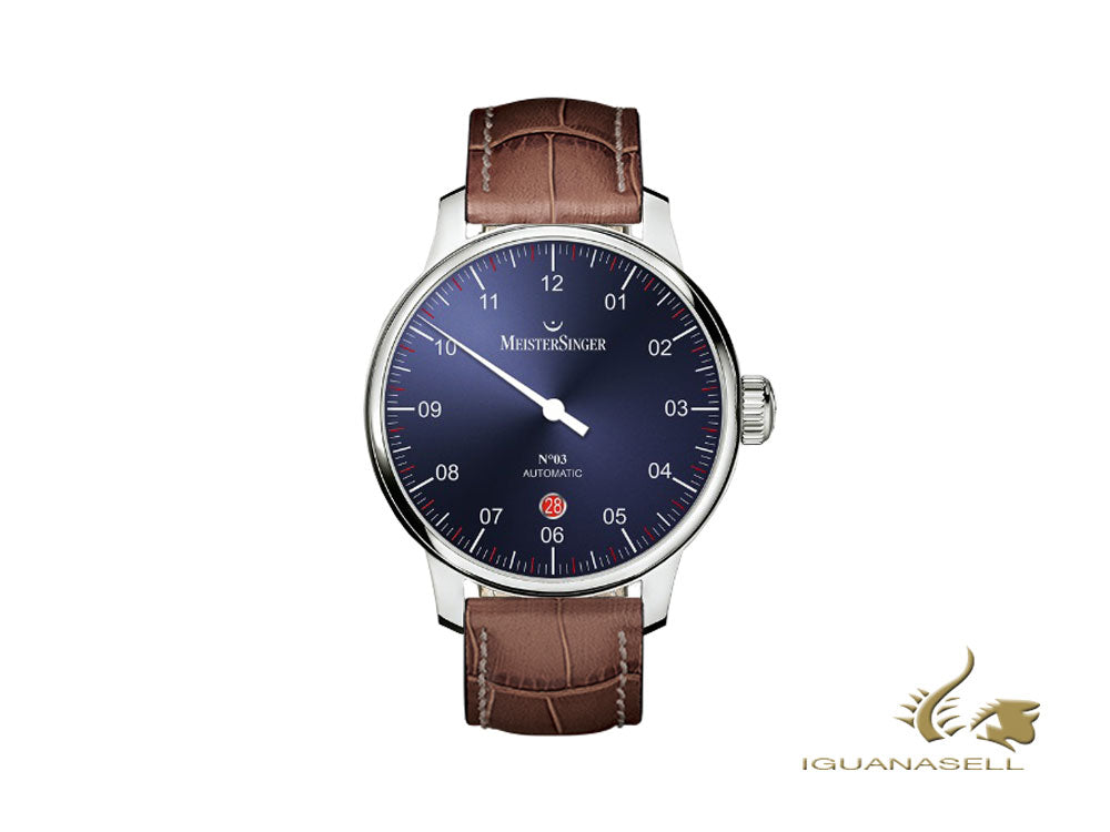 Montre automatique Meistersinger N3 - 40 mm, bleu, 40 mm, marron, jour, DM908-SG02