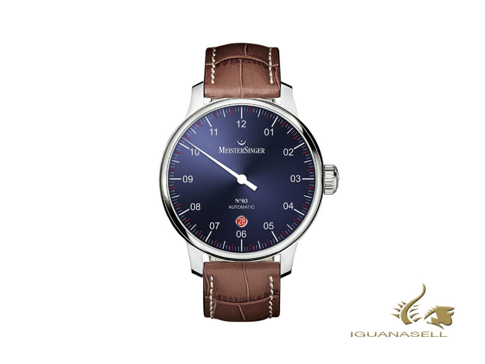 Montre automatique Meistersinger N3 - 40 mm, bleu, 40 mm, marron, jour, DM908-SG02W