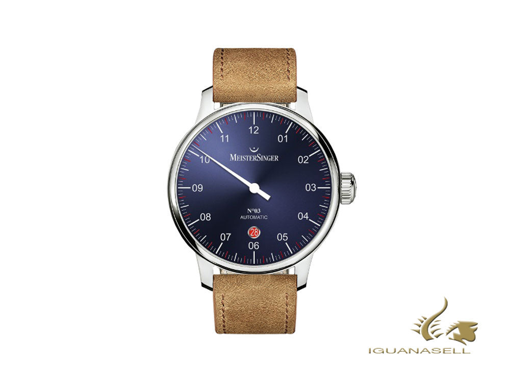 Montre automatique Meistersinger N3 - 40 mm, bleu, 40 mm, marron, jour, DM908-SV03