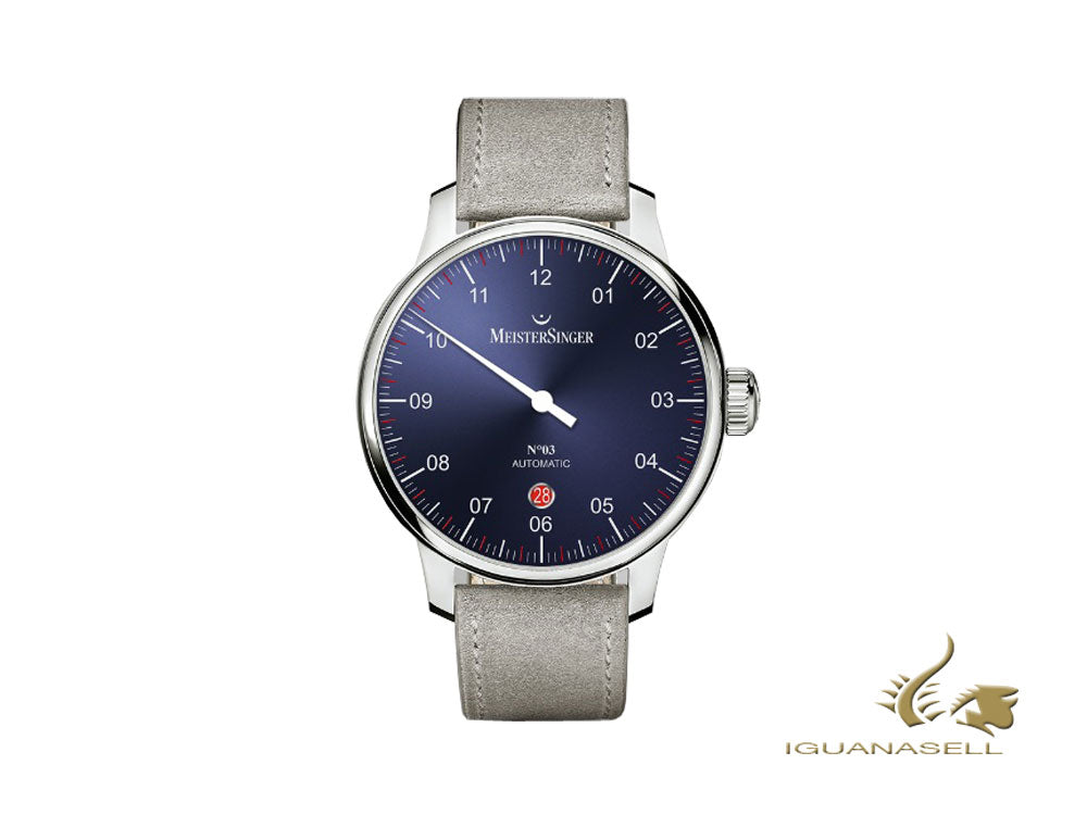 Montre automatique Meistersinger N3 - 40 mm, bleu, ETA 2824-2, 40 mm, bracelet gris