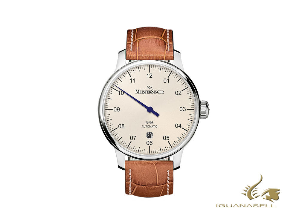 Montre automatique Meistersinger N3 - 40 mm, ivoire, 40 mm, cognac, jour, DM903-SG03