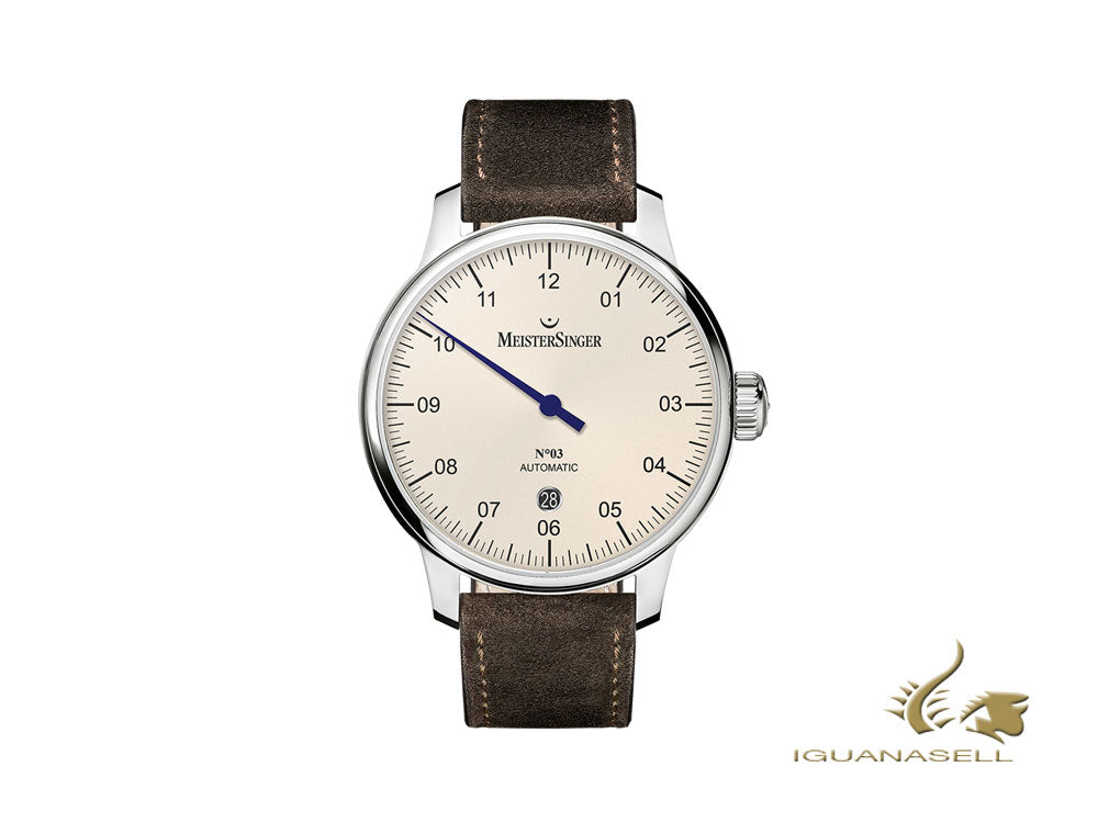 Montre automatique Meistersinger N3 - 40 mm, ivoire, 40 mm, cognac, jour, DM903-SV02