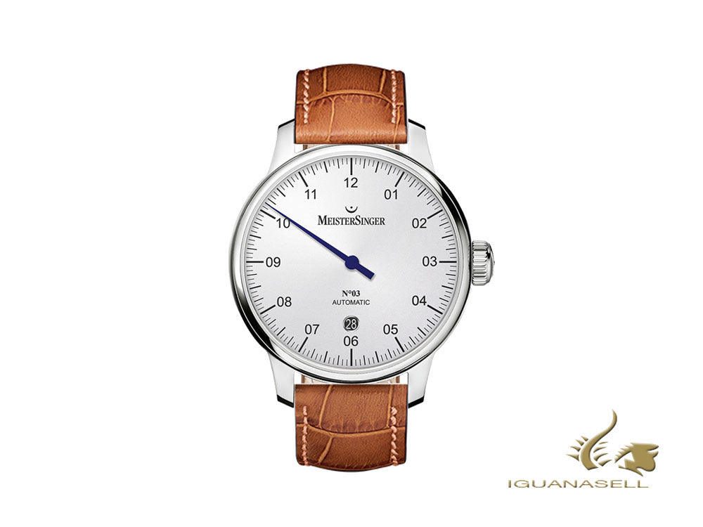 Montre automatique Meistersinger N3 - 40 mm, blanche, 40 mm, cognac, jour, DM901-SG03