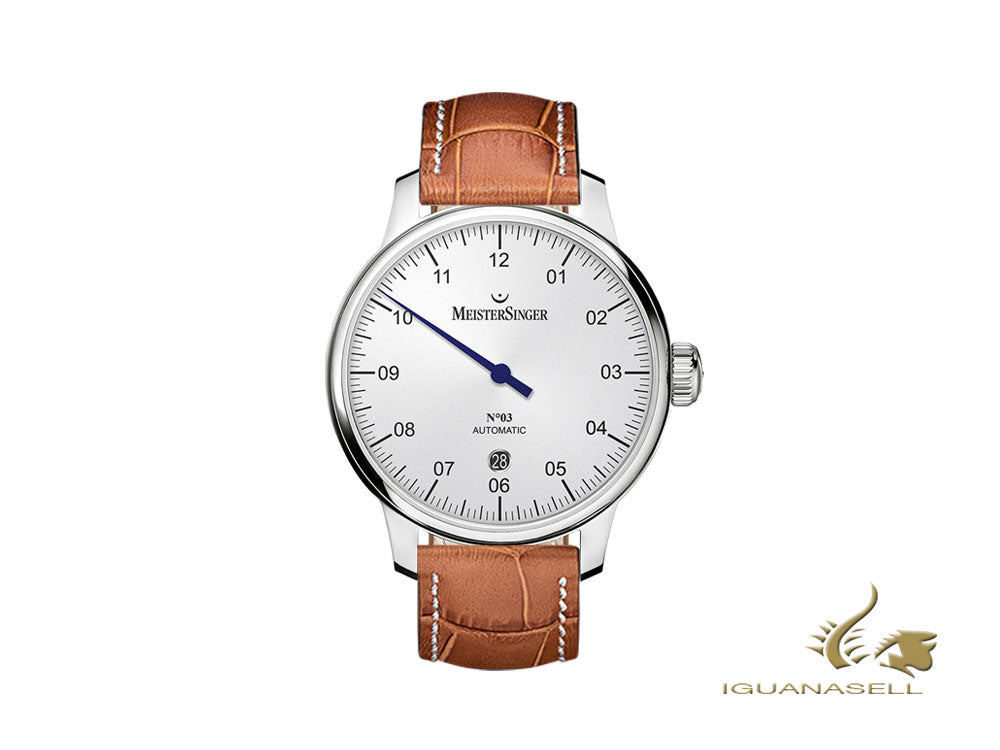 Montre automatique Meistersinger N3 - 40 mm, blanche, 40 mm, cognac et blanc, DM901-SG03W