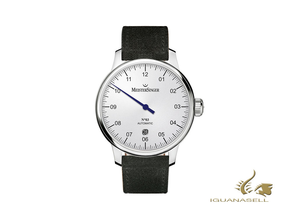 Montre automatique Meistersinger N3 - 40 mm, blanche, ETA 2824-2, 40 mm, noire, jour