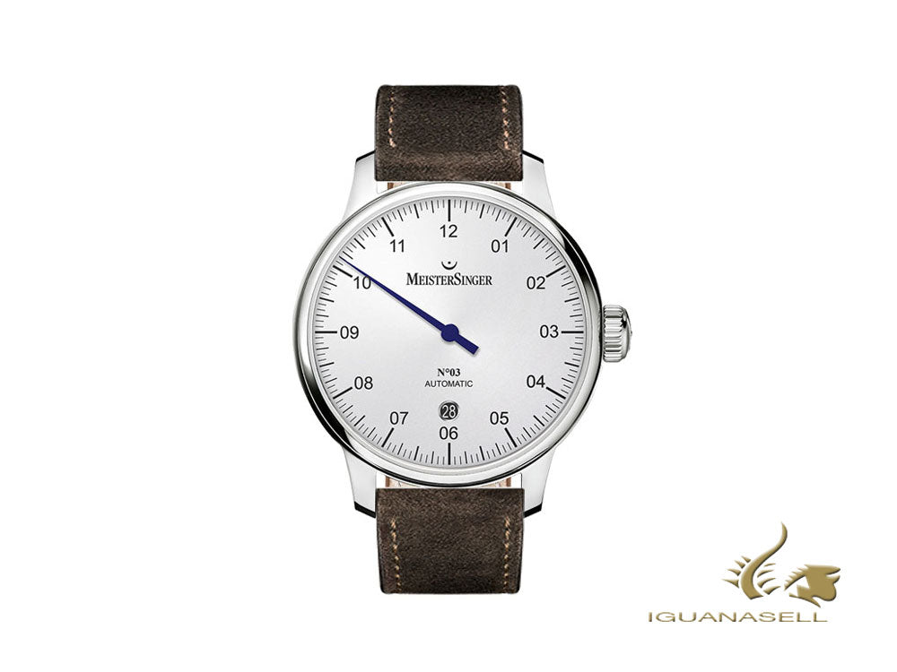 Montre automatique Meistersinger N3 - 40 mm, blanche, ETA 2824-2, 40 mm, cognac