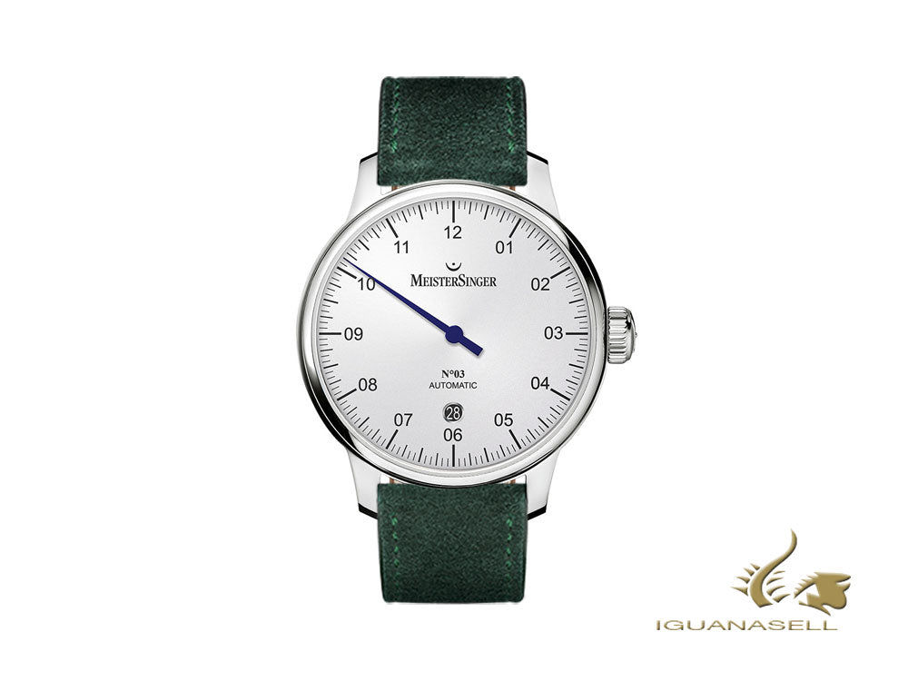 Montre automatique Meistersinger N3 - 40 mm, blanche, ETA 2824-2, 40 mm, verte, jour