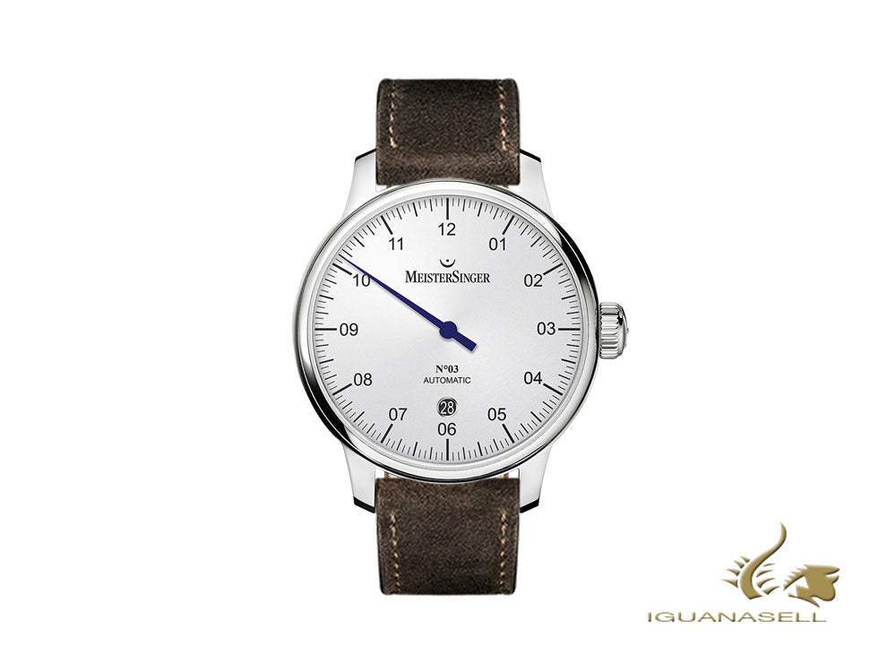 Montre automatique Meistersinger N3 - 40 mm, blanche, ETA 2824-2, 40 mm, marron, jour