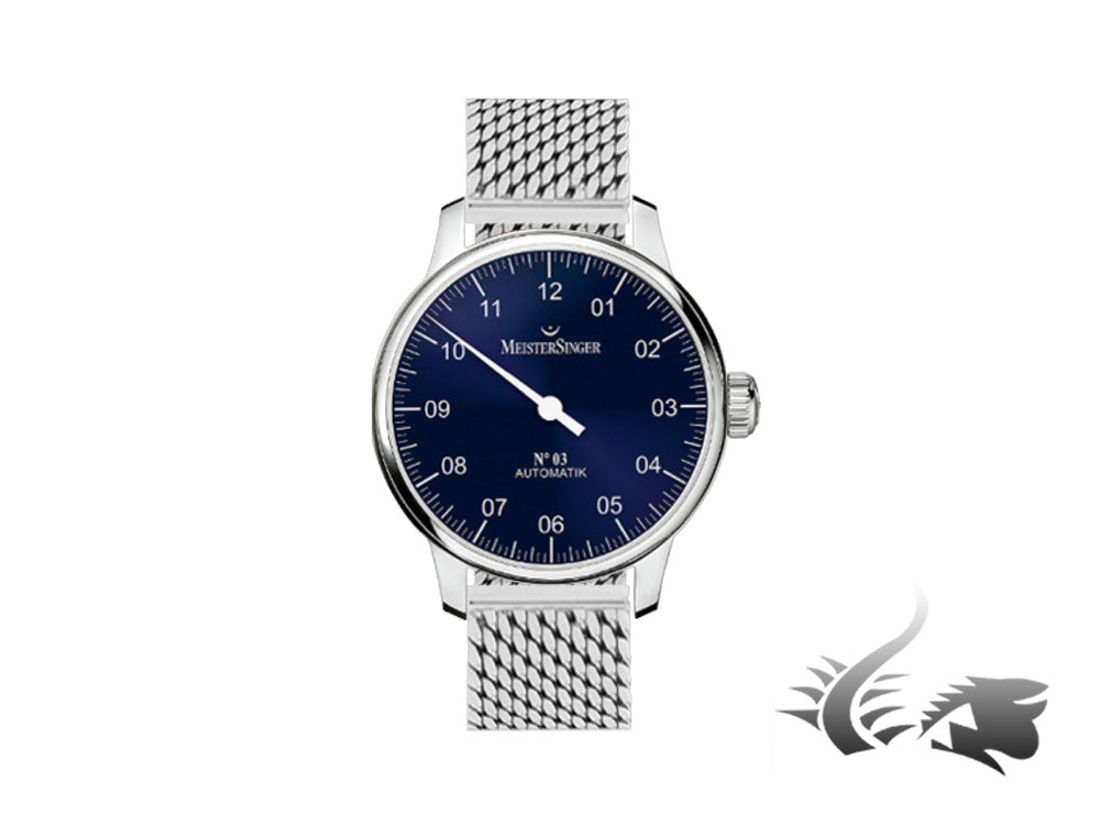 Montre automatique Meistersinger N3, ETA 2824-2, 43 m, bleu sunburst, bracelet en maille