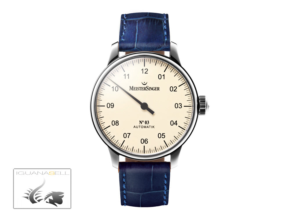 Meistersinger N3 Automatic Watch, ETA 2824-2, 43mm. Blue Leather strap, AM903