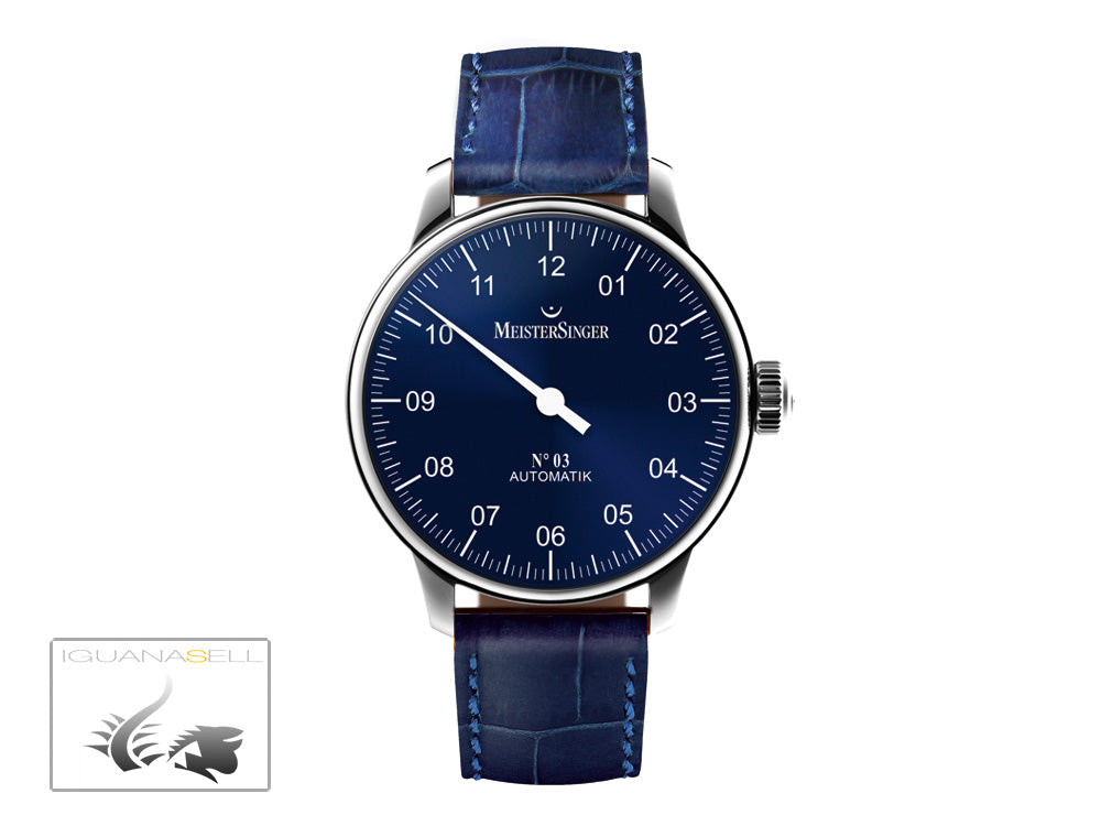 Meistersinger N3 Automatic Watch, ETA 2824-2, 43mm. Blue Leather strap, AM908