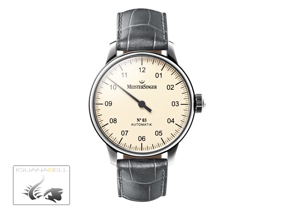 Meistersinger N3 Automatic Watch, ETA 2824-2, 43mm. Grey Leather strap, AM903