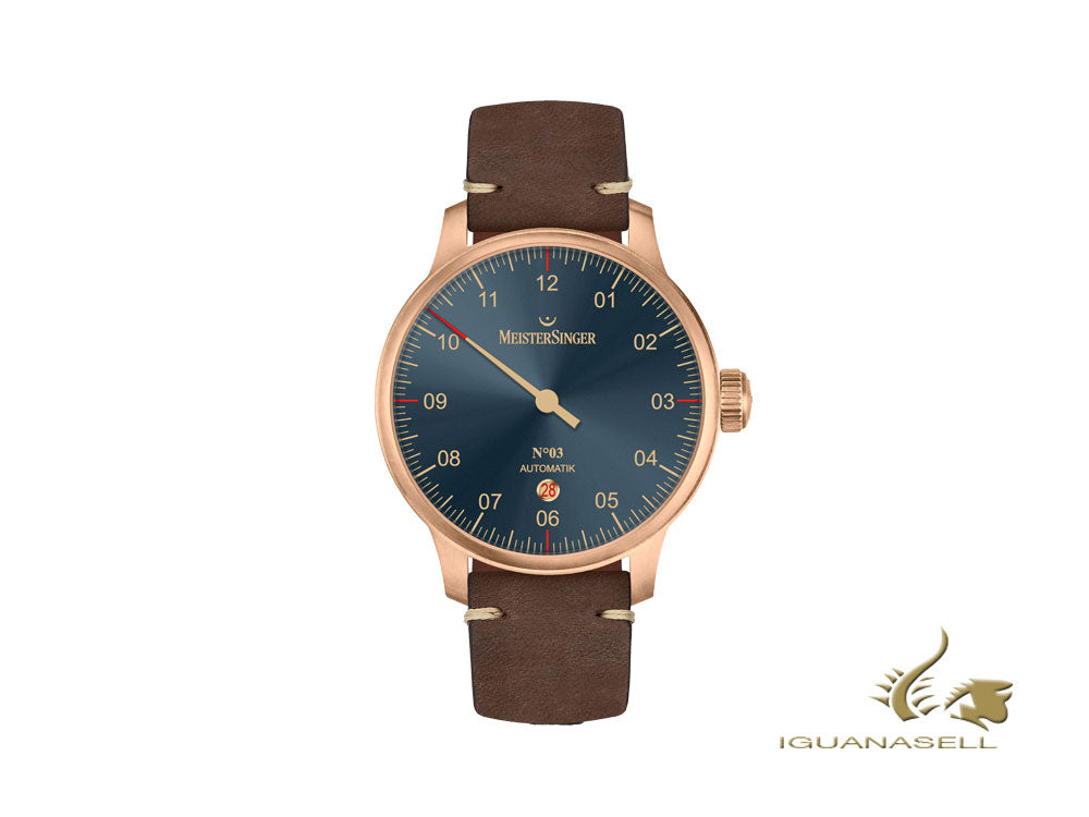 Montre automatique Meistersinger N3 Bronze, ETA 2824-2, 43 mm, bleu, AM917BR