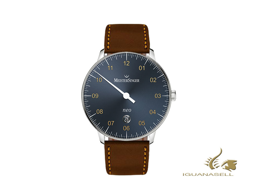 Montre automatique Meistersinger Neo Plus, 40 mm, bleu, jour, cuir, NE417G-SCF02