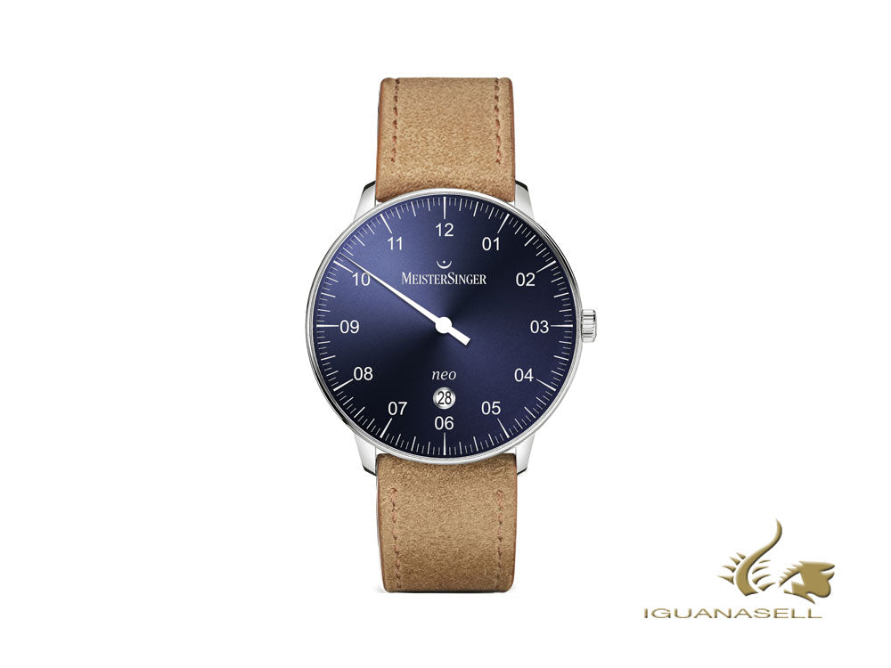 Montre automatique Meistersinger Neo Plus, ETA 2824-2, 40 mm, bleu, cognac, jour