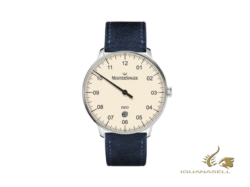 Montre automatique Meistersinger Neo Plus, ETA 2824-2, 40 mm, ivoire/bleu, jour