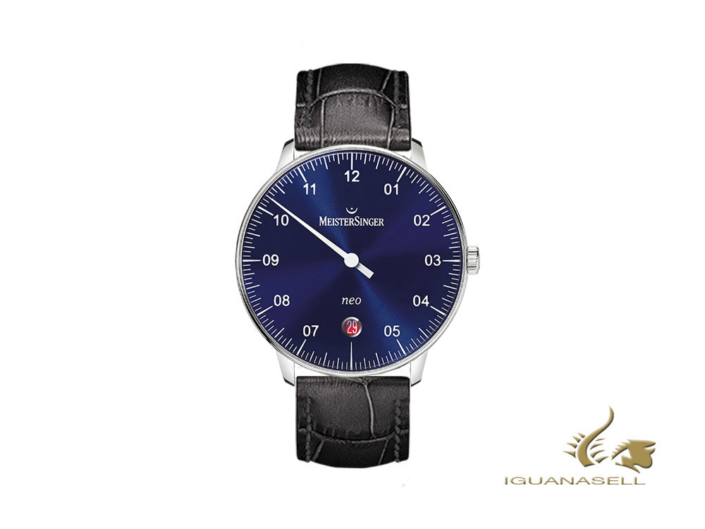 Montre automatique Meistersinger Neo Sunburst Blue, 36 mm, noire, NE908N-SG01