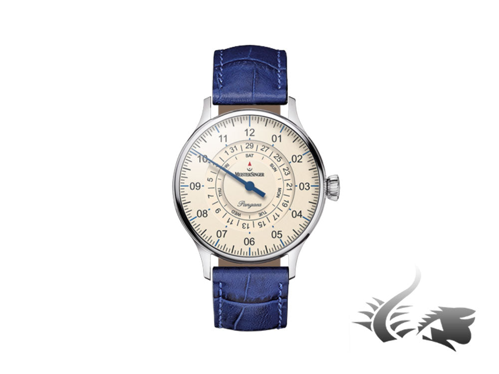 Meistersinger Pangaea Day Date Automatic Watch, ETA 2836-2, Ivory, Blue strap